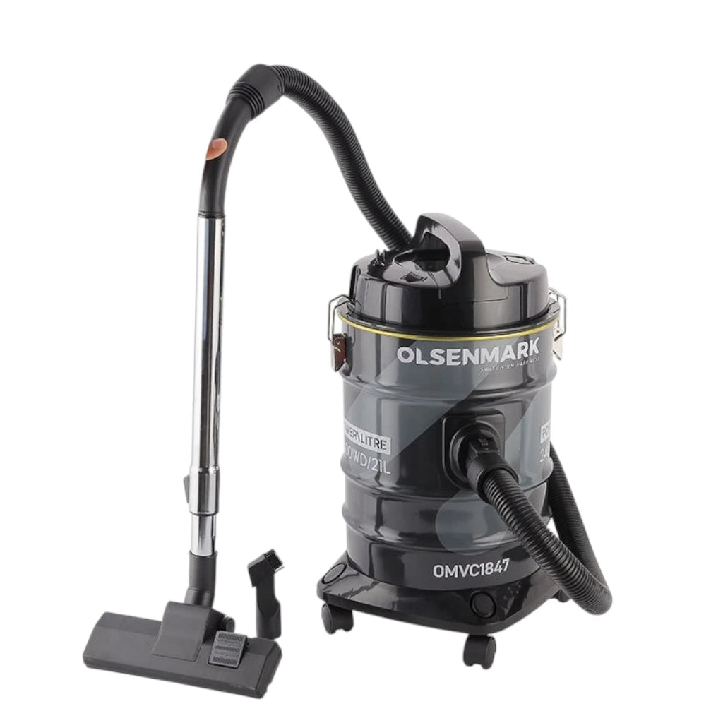 Olsenmark 2400W Powerful Wet & Dry Drum Vacuum Cleaner with 21L Extra-Large Dust Bag, Strong Suction & Blower Function, Anti-Rust Metal Body, Flexible Hose with Airflow Control, Low Noise Operation - OMVC1847 - Damoo
