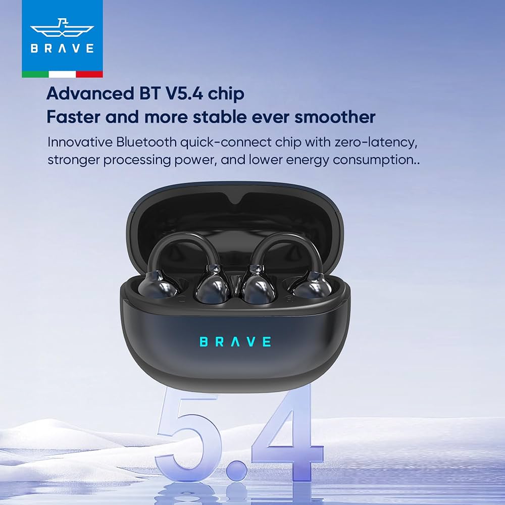 BRAVE ClipFit E-31 Wireless Open-Ear Earbuds – Black | Bluetooth 5.4 | Intelligent Touch Control | Adaptive Secure Fit Earphones