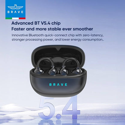 BRAVE ClipFit E-31 Wireless Open-Ear Earbuds – Black | Bluetooth 5.4 | Intelligent Touch Control | Adaptive Secure Fit Earphones