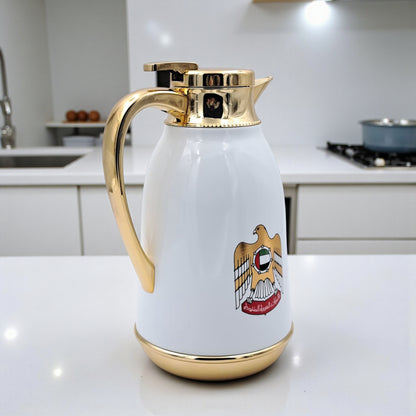 NGT 1.0L UAE National Emblem Vacuum Flask – Premium Gold & White Thermos for Coffee & Tea – Elegant Arabic Dallah Design for Hot & Cold Drinks - Damoo
