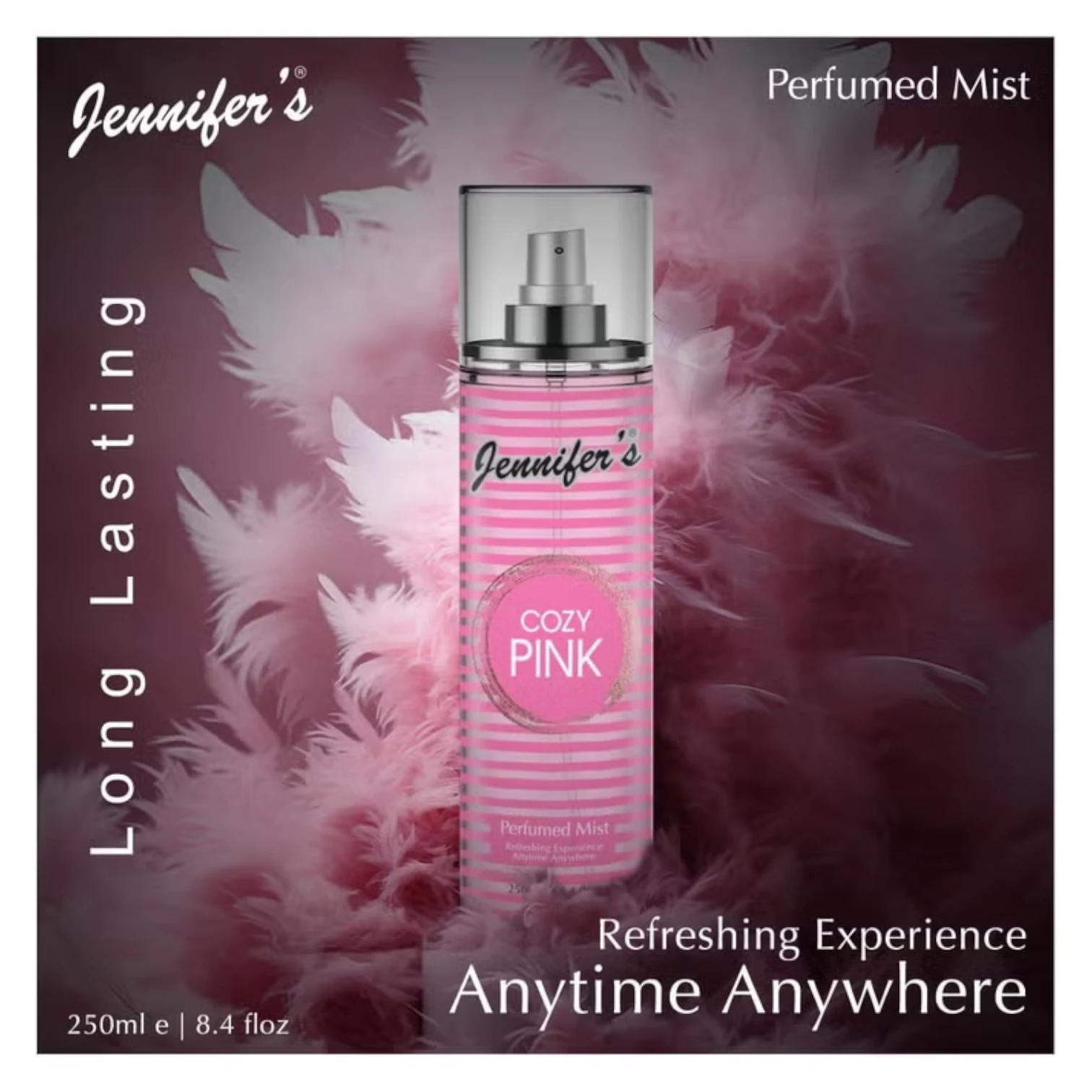 Jennifer's Cozy Pink Perfumed Mist 250ml | Long-Lasting Refreshing Body Spray for Women | Travel-Friendly Daily Fragrance Mist - Damoo