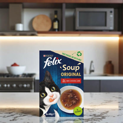 Felix Soup Farm Selection Wet Cat Food – 6 x 48g Pouches | Tasty Mixed Flavours | Complete & Balanced Nutrition for Adult Cats - Damoo