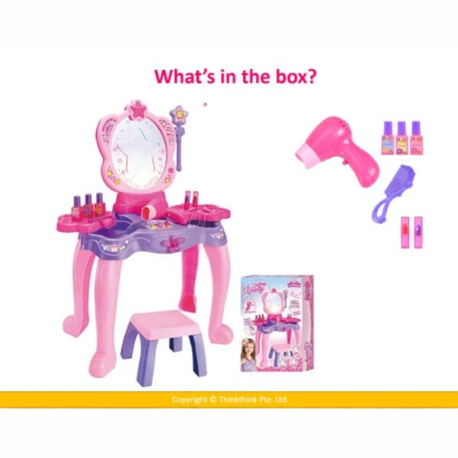 Princess Dressing Table Play Set with Chair, Mirror, Hair Dryer & Cosmetic Accessories – Battery Operated Light & Sound Effects | Interactive Pretend Play Toy for Kids