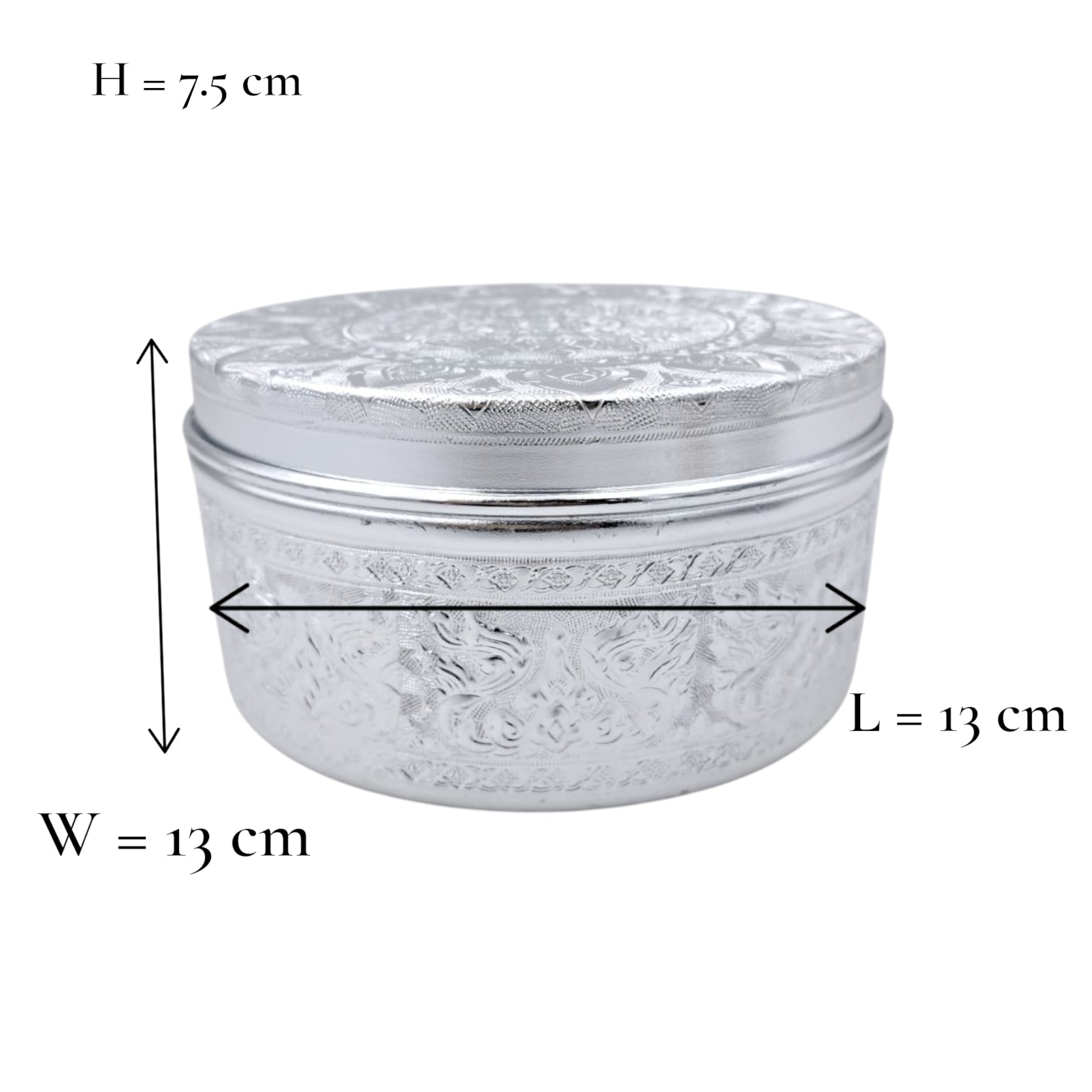 Premium Embossed Aluminum Storage Container with Lid | Decorative Round Metal Box for Sweets, Dates, Spices, Gifts & Home Decor | Lightweight & Durable | H(8cm) x W(15cm) x L(15cm) - Damoo