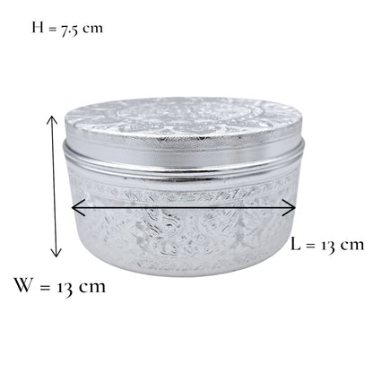 Premium Embossed Aluminum Storage Container with Lid | Decorative Round Metal Box for Sweets, Dates, Spices, Gifts & Home Decor | Lightweight & Durable | H(8cm) x W(15cm) x L(15cm) - Damoo