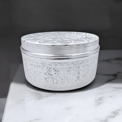 Premium Embossed Aluminum Storage Container with Lid | Decorative Round Metal Box for Sweets, Dates, Spices, Gifts & Home Decor | Lightweight & Durable | H(8cm) x W(15cm) x L(15cm) - Damoo