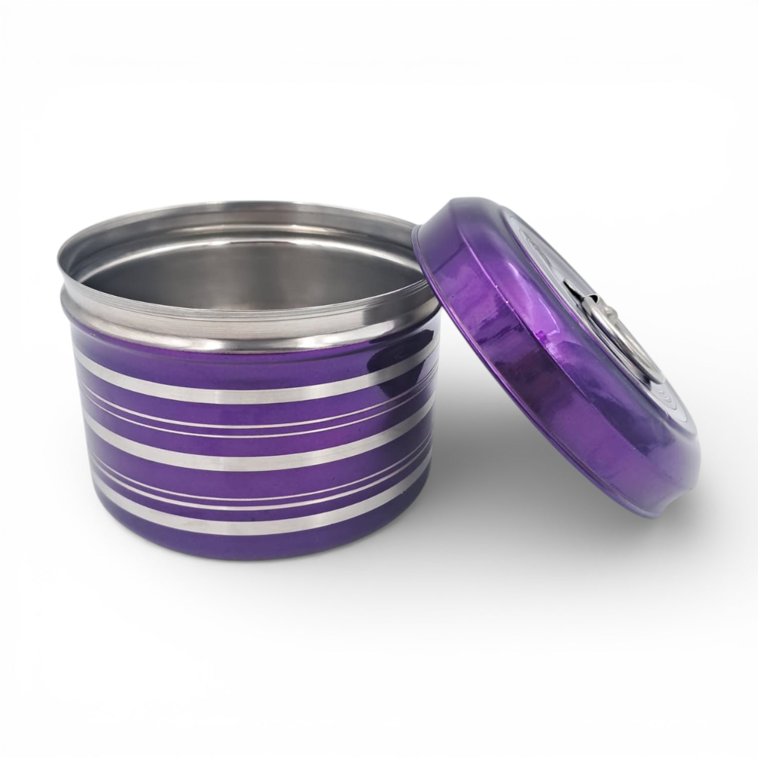Stainless Steel Food Storage Container with Lid – Purple & Silver Striped Kitchen Bowl for Cooking, Serving & Storage (14H x 13.5L × 13.5W CM) - Damoo