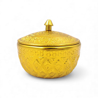 Thai Engraved Aluminum Sugar & Date Bowl with Lid | Silver & Gold | 8.5cm | Hospitality Dish for Sweets, Dates, Sugar & Arabic Coffee Service