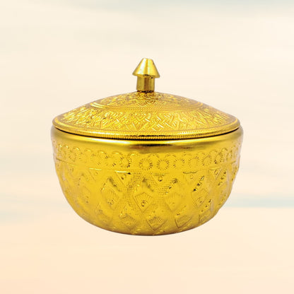 Thai Engraved Aluminum Sugar & Date Bowl with Lid | Silver & Gold | 8.5cm | Hospitality Dish for Sweets, Dates, Sugar & Arabic Coffee Service