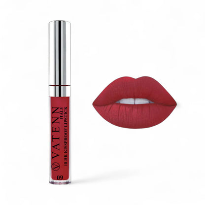 Vatenn Italy 18Hr Kissproof Lipstick – Shade 09 Light Red. Ultra matte, transfer-proof, water-resistant lipstick with bold pigment. Vegan & dermatologically tested. - Damoo