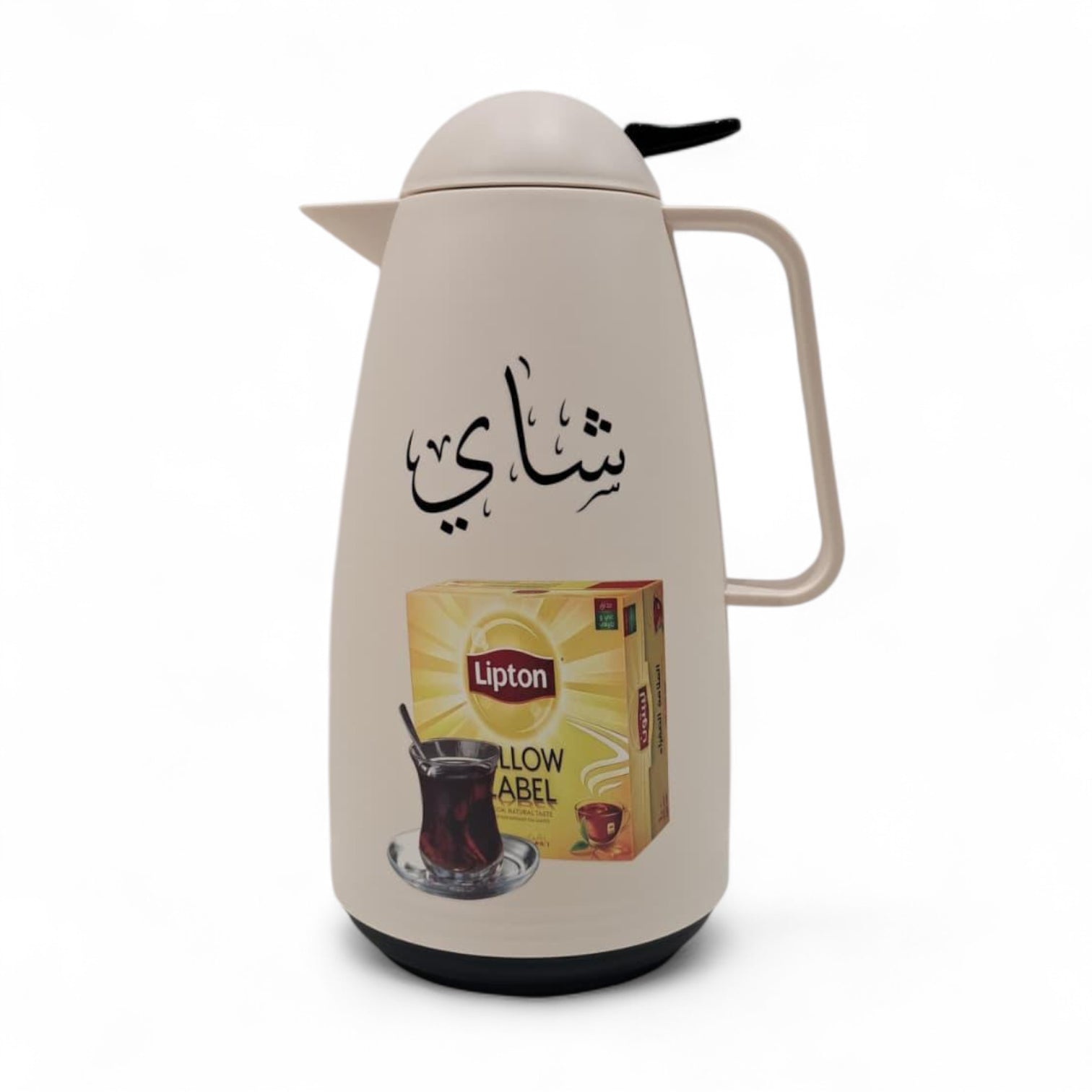 Crystal House Beige Arabic Thermos Flask 1L – Lipton Yellow Label Design | Double-Wall Insulated Tea - Damoo