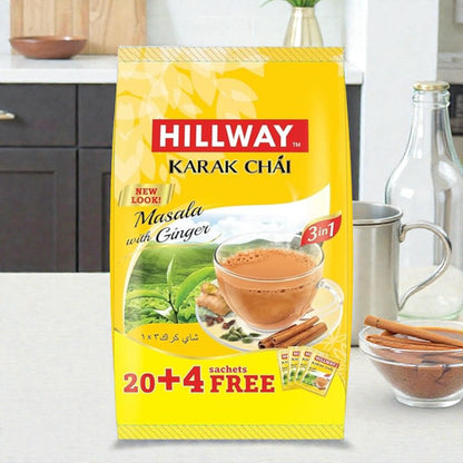 HILLWAY 3-in-1 Masala Karak Chai with Ginger – 20+4 Sachets Free (Rich & Creamy Instant Tea) - Damoo