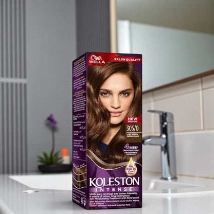 Wella Koleston Intense Permanent Hair Color Cream – 305/0 Light Brown – With Argan Oil & 4 Deep Moisturizers – 100% Grey Coverage, Long-Lasting Color – 50ml - Damoo