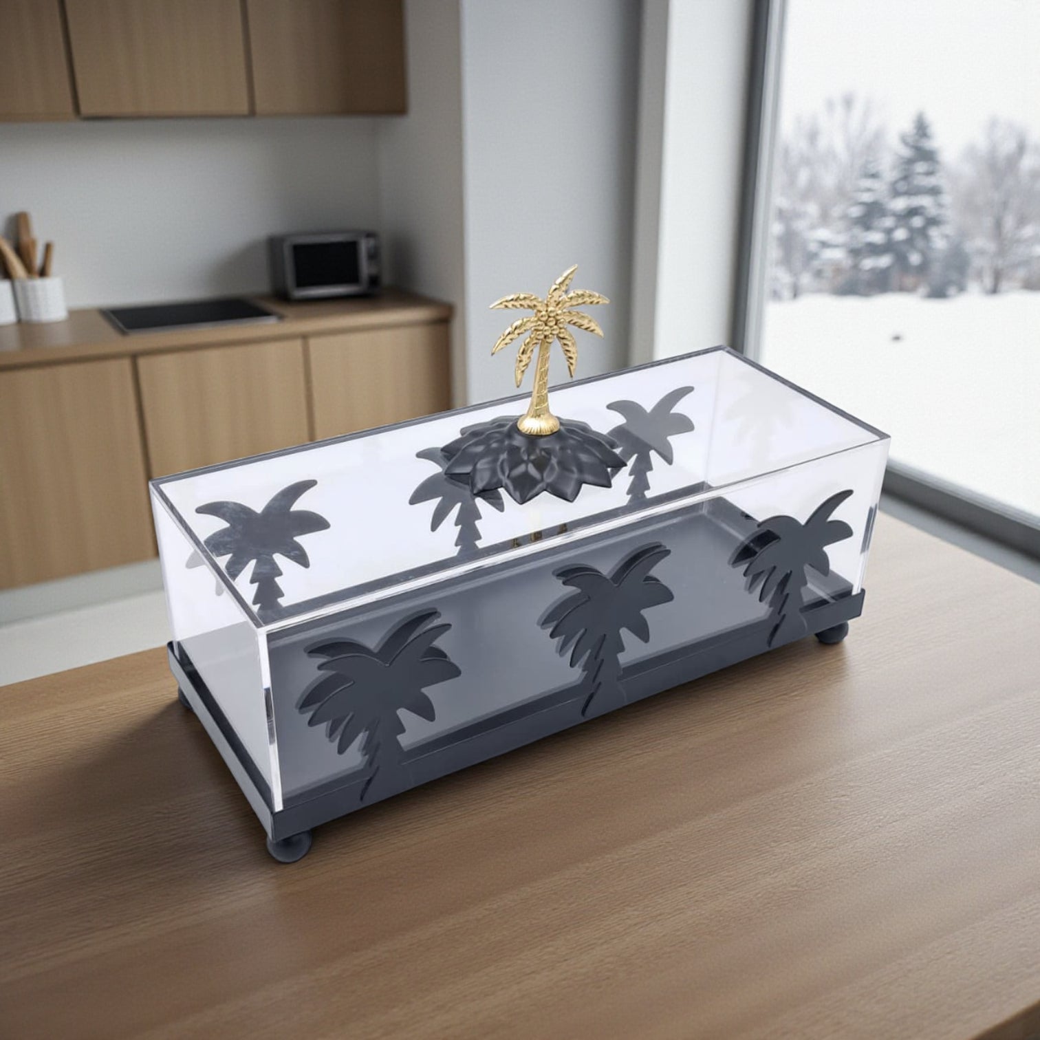 صندوق زخرفي فاخر على شكل شجرة نخيل من الأكريليك والذهب - صينية تخزين أنيقة مع غطاء وقاعدة ذهبية وتصميم نخلة (الارتفاع 16 سم × العرض 10 سم × الطول 24.5 سم)  