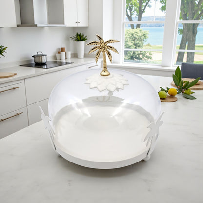 حامل كيك على شكل شجرة نخيل أبيض وذهبي بغطاء مقبب - صينية حلويات دائرية أنيقة من النحاس والزجاج | طبق تقديم مزخرف للكيك والتمر والحلويات