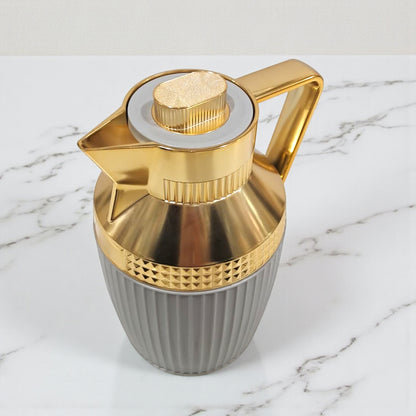 GERMAX Original Gold & Grey Vacuum Flask 1L – Luxury Insulated Arabic Coffee & Tea Thermos | Premium Glass Liner | 12H Heat / 24H Cold Retention | Modern Geometric Design - Damoo