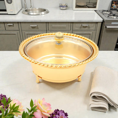 Moroccan Style Chrome Plated Serving Bowl with Glass Lid – Elegant Date & Halwa Bowl for Dining Table Décor (12H x 19L × 19W CM) - Damoo