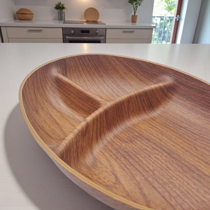 Evelin Tokyo Oval Snack Dish – 3-Compartment Faux Wood Serving Plate | Durable Food-Safe Polystyrene | 17 × 4 × 24 cm
