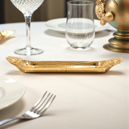 Luxury Rectangular Gold Metal Serving Tray with Decorative Floral Handles – Elegant Table & Event Decor - Damoo