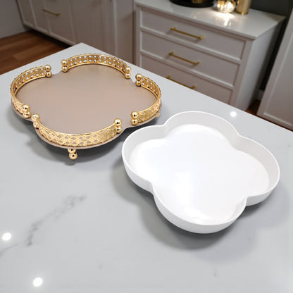Elegant Ceramic Serving Bowl with Golden Metal Stand and Glass Lid – Luxury Flower-Shaped Dish for Sweets, Snacks & Dry Fruits | Al Habbai Collection - Damoo