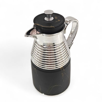 GERMAX Original Black Marble Vacuum Flask 1L – Luxury Gold & Silver Thermos | Premium Glass Liner | 12H Heat Retention | Arabic Coffee & Tea Pot | High-Gloss Metal Finish - Damoo