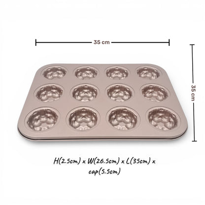 12-Cup Carbon Steel Non-Stick Petal Pattern Cake & Muffin Baking Pan – Mini Dessert Mold Tray (2.5H x 35L x 26.5W CM) - Damoo