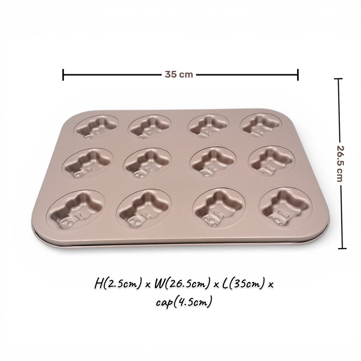 12-Cup Carbon Steel Non-Stick Bear Shape Cake & Muffin Baking Pan – Cute Animal Mold Tray (2.5H x 35L x 26.5W CM) - Damoo