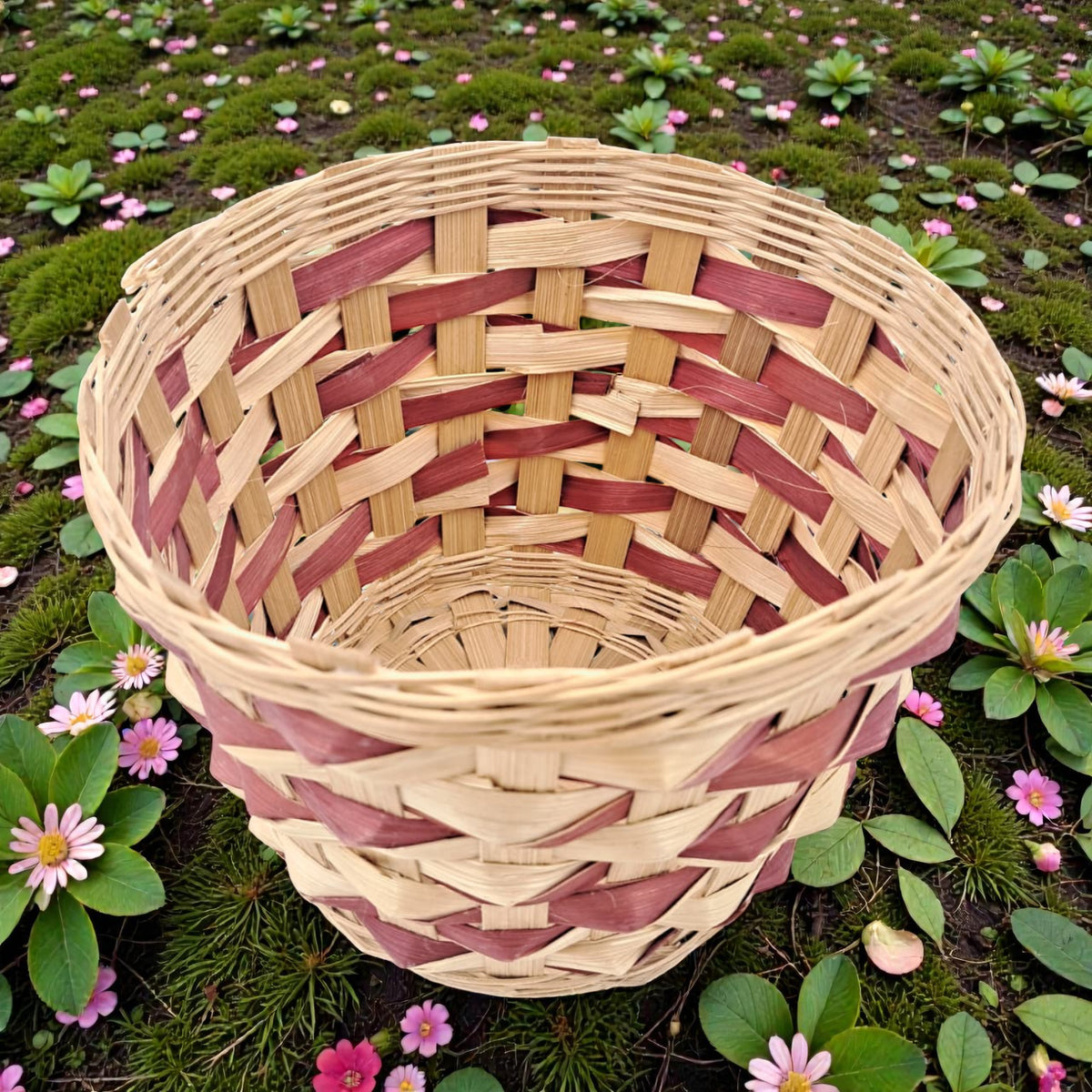 Handwoven Round Bamboo Basket – Natural & Red Accent Decorative Storage Basket (16H x 19L × 19W CM) - Damoo