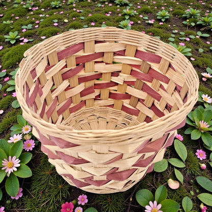 Handwoven Round Bamboo Basket – Natural & Red Accent Decorative Storage Basket (16H x 19L × 19W CM) - Damoo