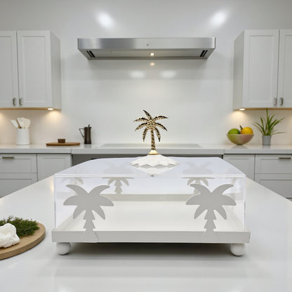 صينية تقديم أكريليك مربعة الشكل بتصميم شجرة نخيل بيضاء مع غطاء مقبب - طبق أنيق شفاف لعرض الحلويات | صينية حلوى وكعك فاخرة بمقبض ذهبي