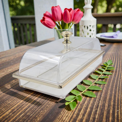 Multifunctional Rectangular Acrylic Cake Stand with Clear Dome Lid – Serving Tray & Pastry Display for Parties, Kitchen & Buffet – Gold & Silver Knob Options (H13cm × L29.5cm × W13.5cm × Cap26cm × Base26cm) - Damoo