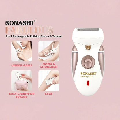 Sonashi Epilator & Trimmer for Women – SLD-824 | 3 Attachments, Washable Head, Stainless Steel Blades, LED Light, 45 Min Usage Time - Damoo