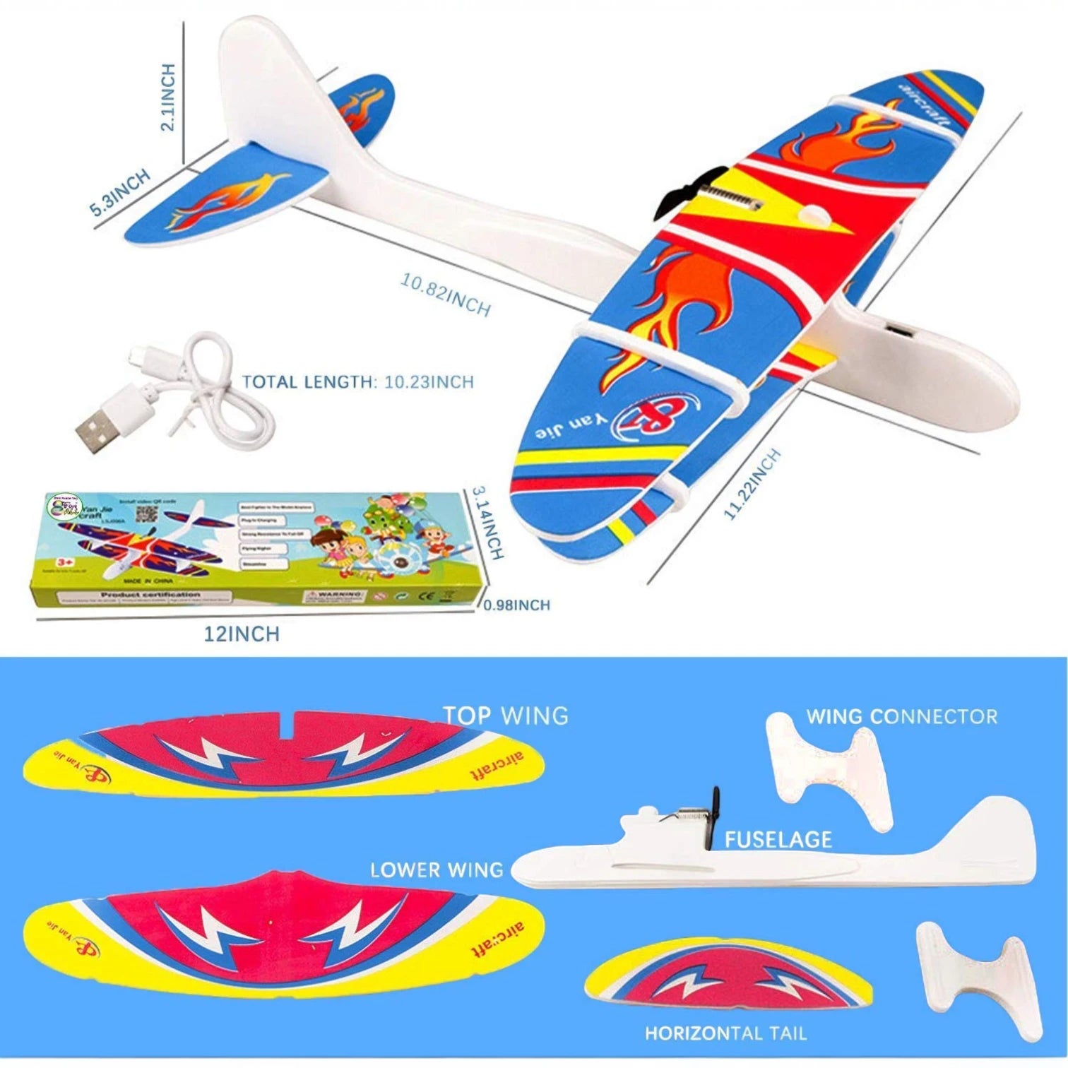 YAN JIE Motorized Rechargeable Hand Throw Flying Glider Plane | Foam RC Model Toy with USB Charging, Fall-Resistant, Long-Flight Outdoor Airplane for Kids & Adults