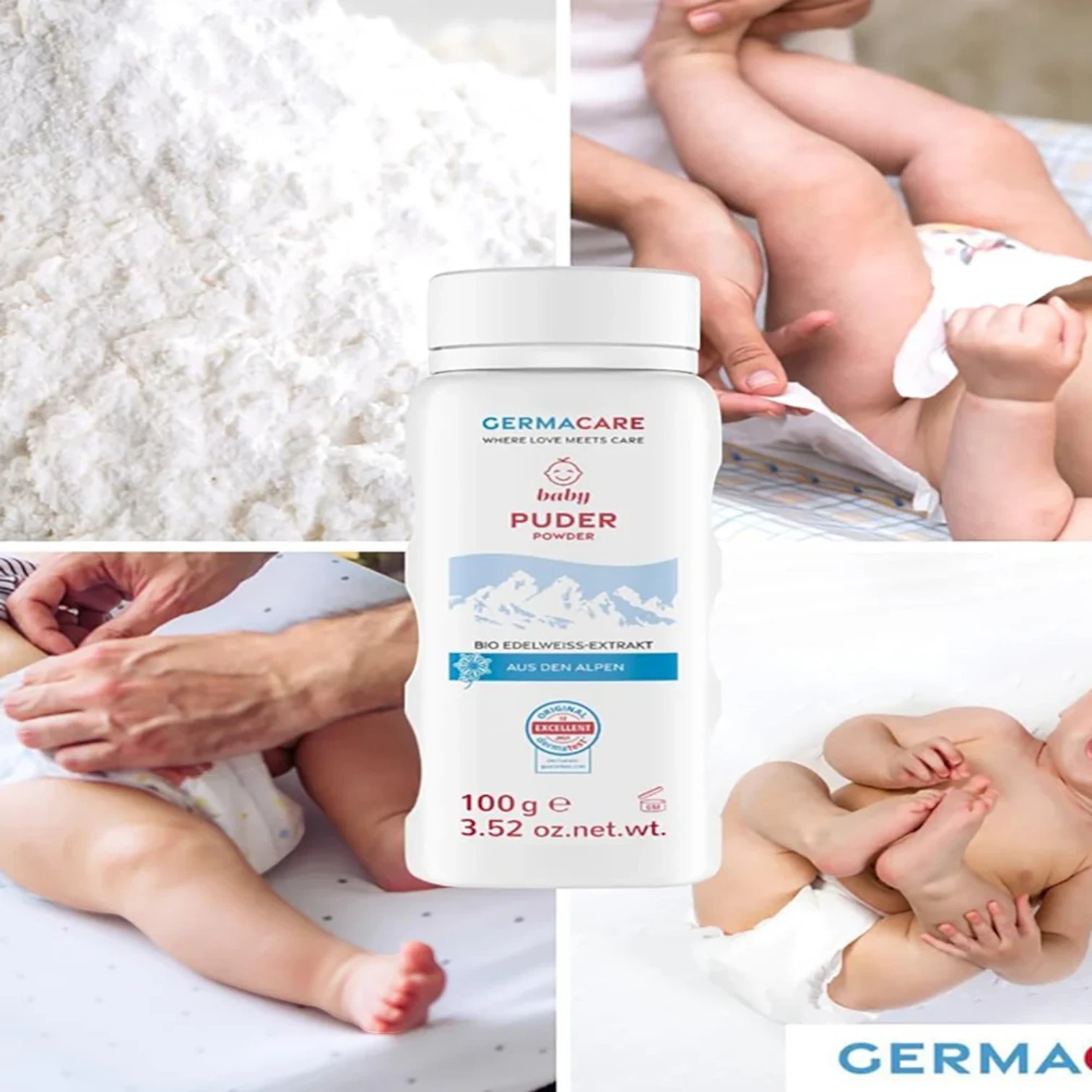 Germacare Talc-Free Baby Powder – 2 x 100g | With Organic Edelweiss Extract | Gentle Skin Protection for Babies | Hypoallergenic Formula - Damoo