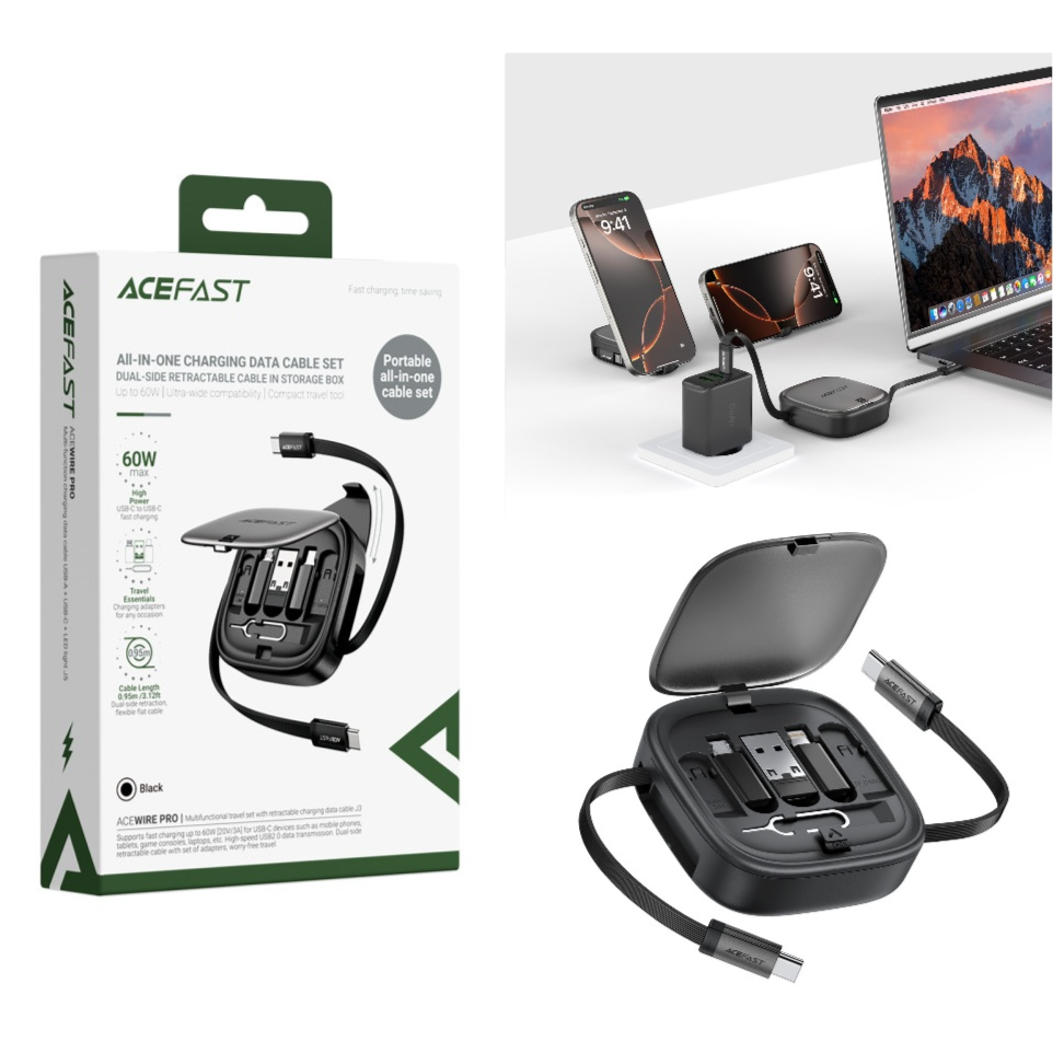 مجموعة كابلات الشحن والبيانات المتكاملة ACEFAST ACEWIRE PRO J3 – كابل أسود قابل للسحب بطول 0.95م، شحن USB-C بقدرة 60 واط وعلبة سفر
