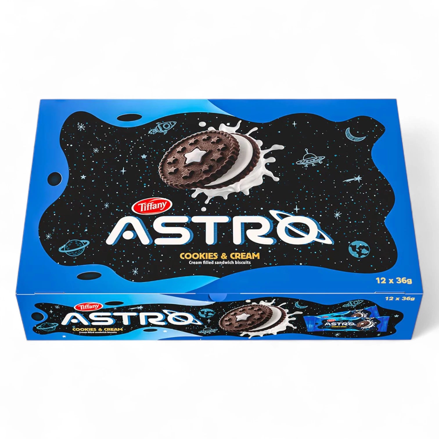 Tiffany Astro Cookies & Cream Biscuits – 12 x 36g Packs – Chocolate Sandwich Cookies with Cream Filling – Fun Galaxy-Themed Snack for Kids & Families - Damoo
