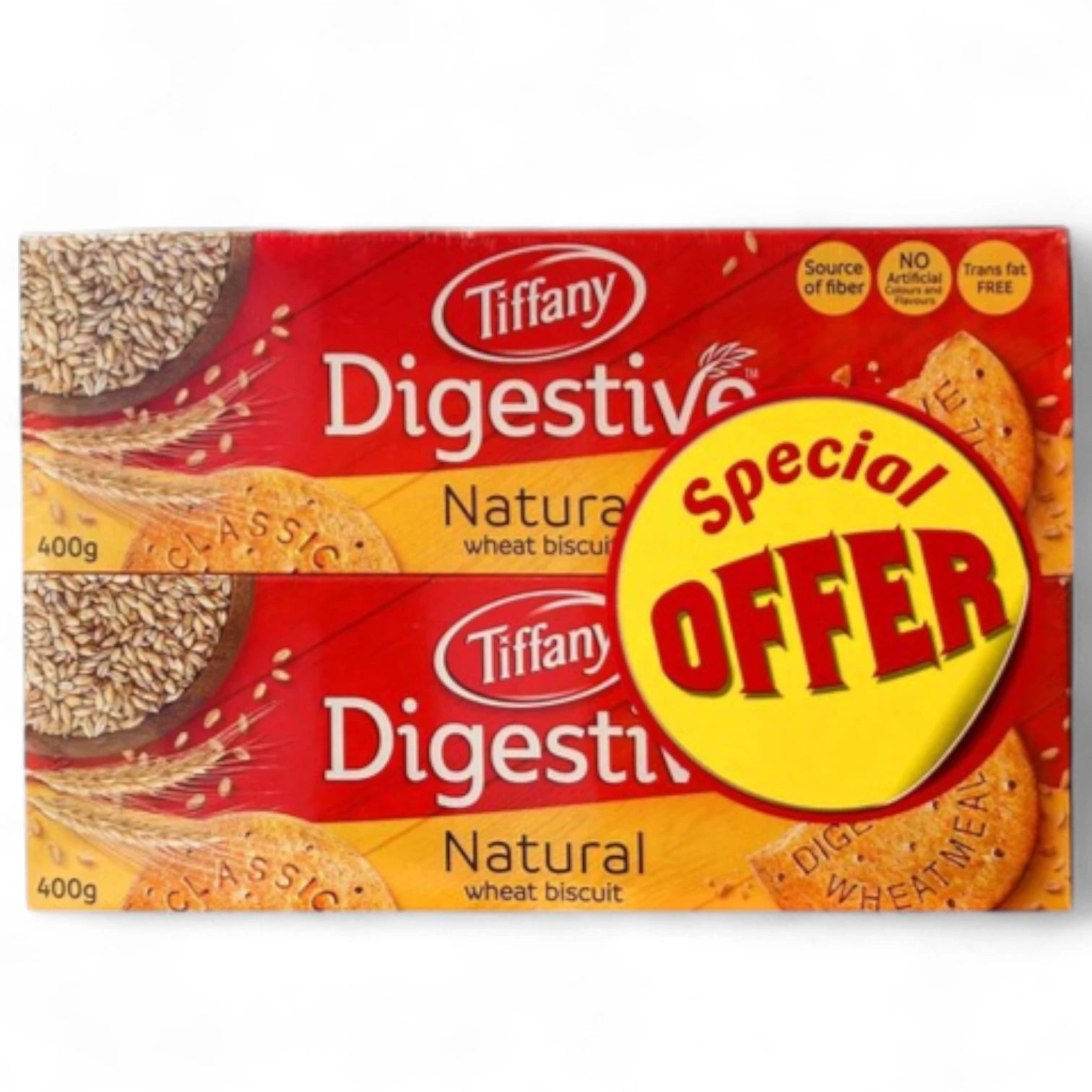 Tiffany Digestive Natural Wheat Biscuits 400g x 2 – Classic High-Fiber Snack | No Artificial Flavors | Trans Fat Free | Special Offer Pack - Damoo