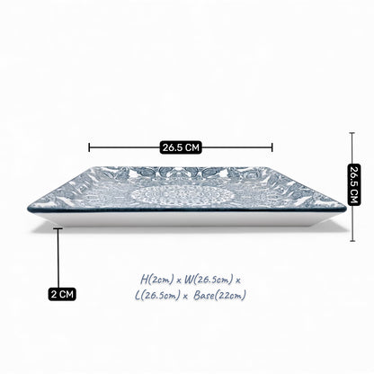 Ceramic Square Plate 26.5 x 26.5 cm | Blue Arabesque Pattern | Premium Glazed Stoneware Serving Plate | Dishwasher & Microwave Safe | Two Designs – Light Blue / Dark Blue