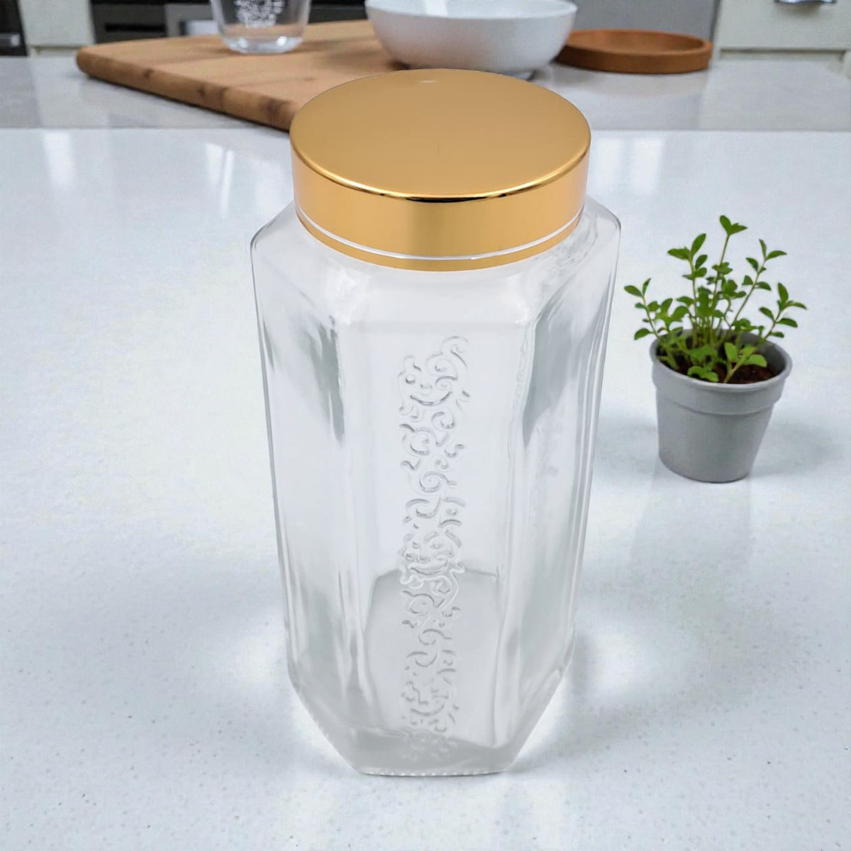 Pasabahce Homemade Glass Storage Jar with Golden Lid – Clear & Gold Airtight Food Container for Kitchen, Spices, Dry Goods – Premium Embossed Design (17H x 8W × 8L CM | Cap 4.5 CM) - Damoo