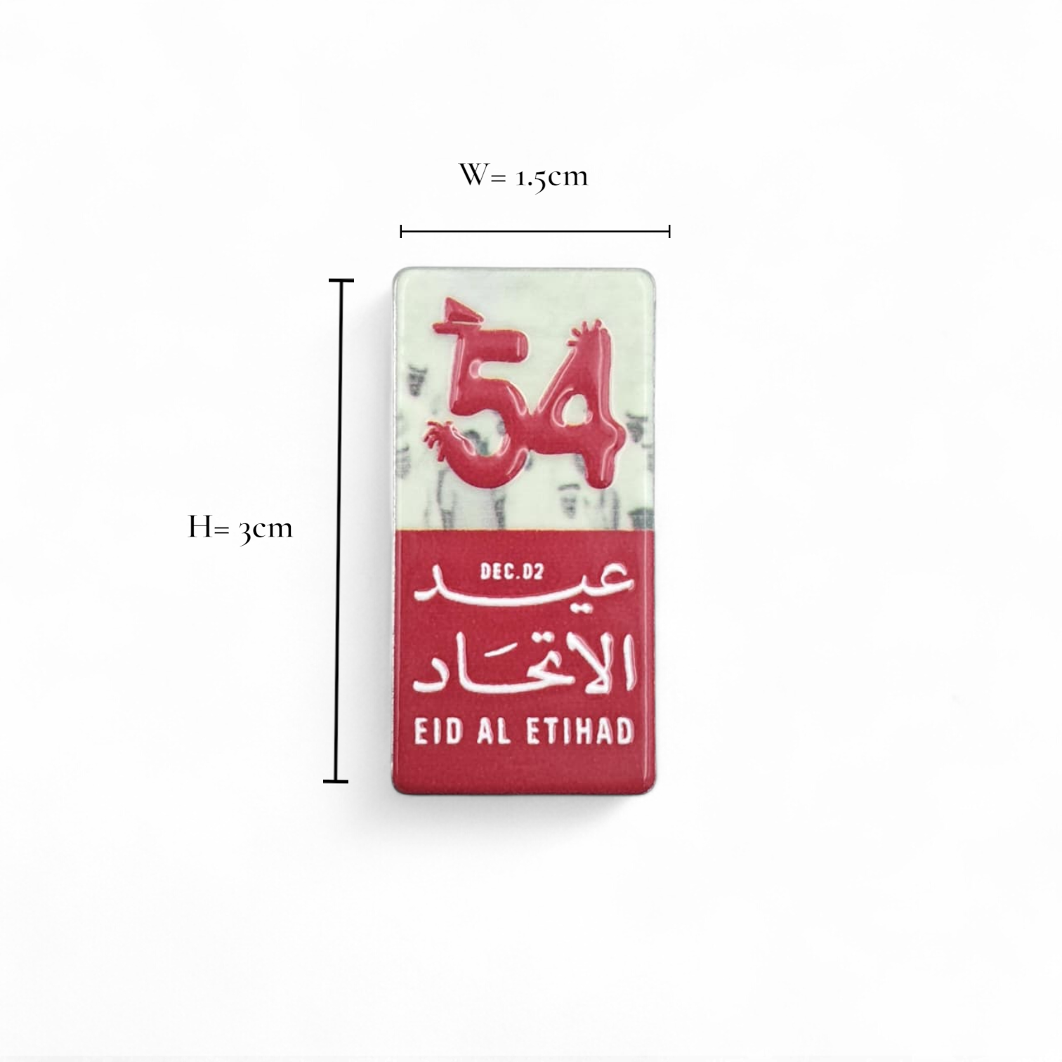 UAE 54th National Day Magnetic Pin – “Eid Al Etihad” Red & White Commemorative Badge with Arabic & English Design | H(3cm) x W(1.5cm) - Damoo