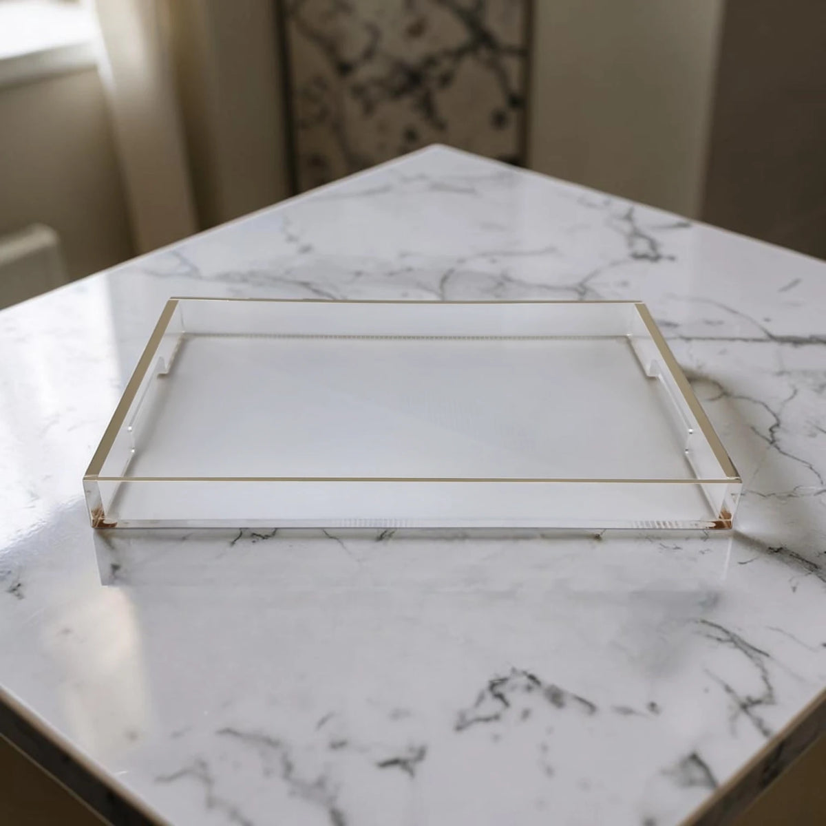 Clear Acrylic Serving Tray with Gold & Silver Edge Design – Modern Rectangular Organizer Tray (4H x 45L x 30W CM) - Damoo