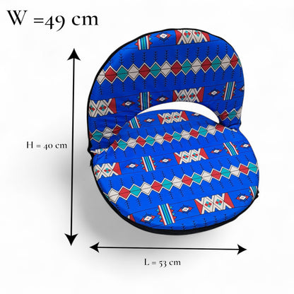 Folding Floor Chair with Backrest – Portable Comfortable Cushion Seat for Gaming, Meditation, Camping & Home Use – Tribal Blue Pattern – W49 x H40 x L53 cm