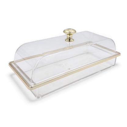 Multifunctional Rectangular Acrylic Cake Stand with Clear Dome Lid – Serving Tray & Pastry Display for Parties, Kitchen & Buffet – Gold & Silver Knob Options (H13cm × L29.5cm × W13.5cm × Cap26cm × Base26cm) - Damoo