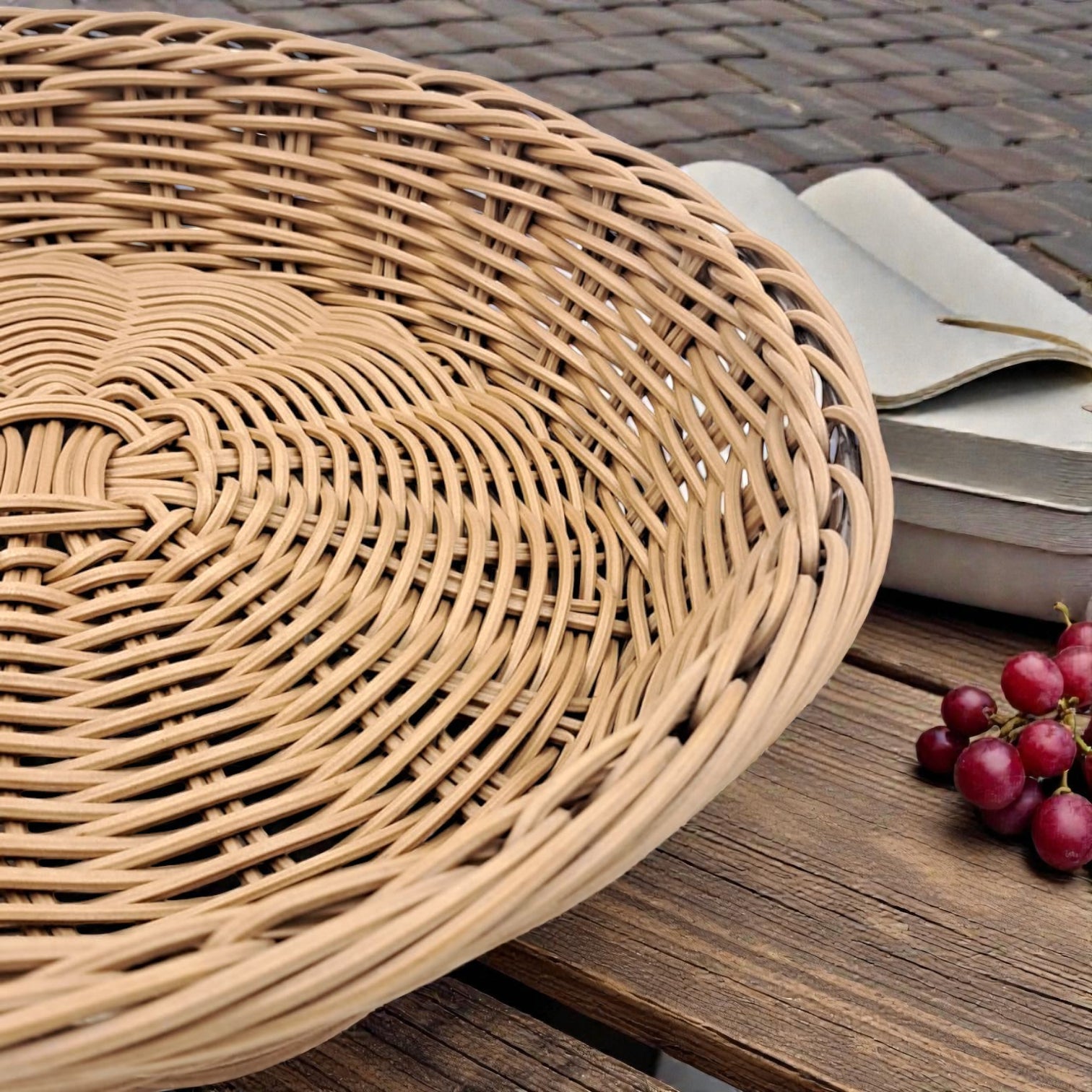 Natural Round Rattan Basket Tray – Handwoven Wicker Bread, Fruit & Snack Serving Basket for Dining Tables & Kitchen Storage (H(6.5cm) x W(30cm) x L(30cm) x Base(23cm)) - Damoo