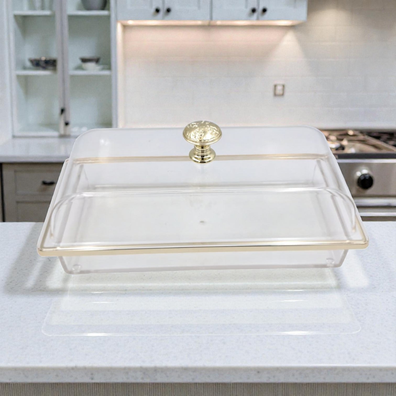 Multifunctional Rectangular Acrylic Cake Stand with Clear Dome Lid – Serving Tray & Pastry Display for Parties, Kitchen & Buffet – Gold & Silver Knob Options (H13cm × L29.5cm × W13.5cm × Cap26cm × Base26cm) - Damoo