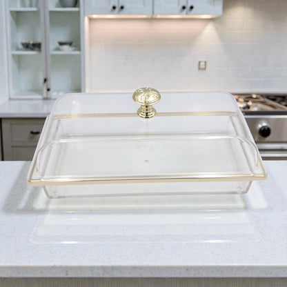Multifunctional Rectangular Acrylic Cake Stand with Clear Dome Lid – Serving Tray & Pastry Display for Parties, Kitchen & Buffet – Gold & Silver Knob Options (H13cm × L29.5cm × W13.5cm × Cap26cm × Base26cm) - Damoo