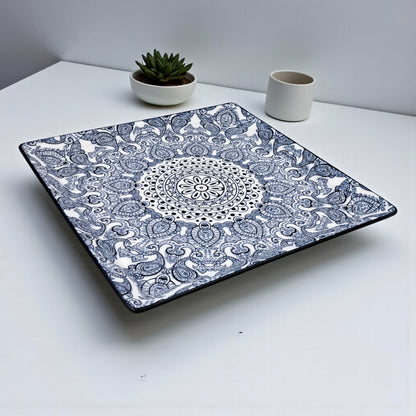 Ceramic Square Plate 26.5 x 26.5 cm | Blue Arabesque Pattern | Premium Glazed Stoneware Serving Plate | Dishwasher & Microwave Safe | Two Designs – Light Blue / Dark Blue