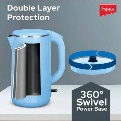 Impex 2.0L Double Layer Electric Kettle (Steamer 2002) – 1500W 304 Stainless Steel Kettle with Seamless Inner Body, FADA Double Controller, 360° Cordless Base, Auto Shut-Off & Indicator Light – Blue - Damoo