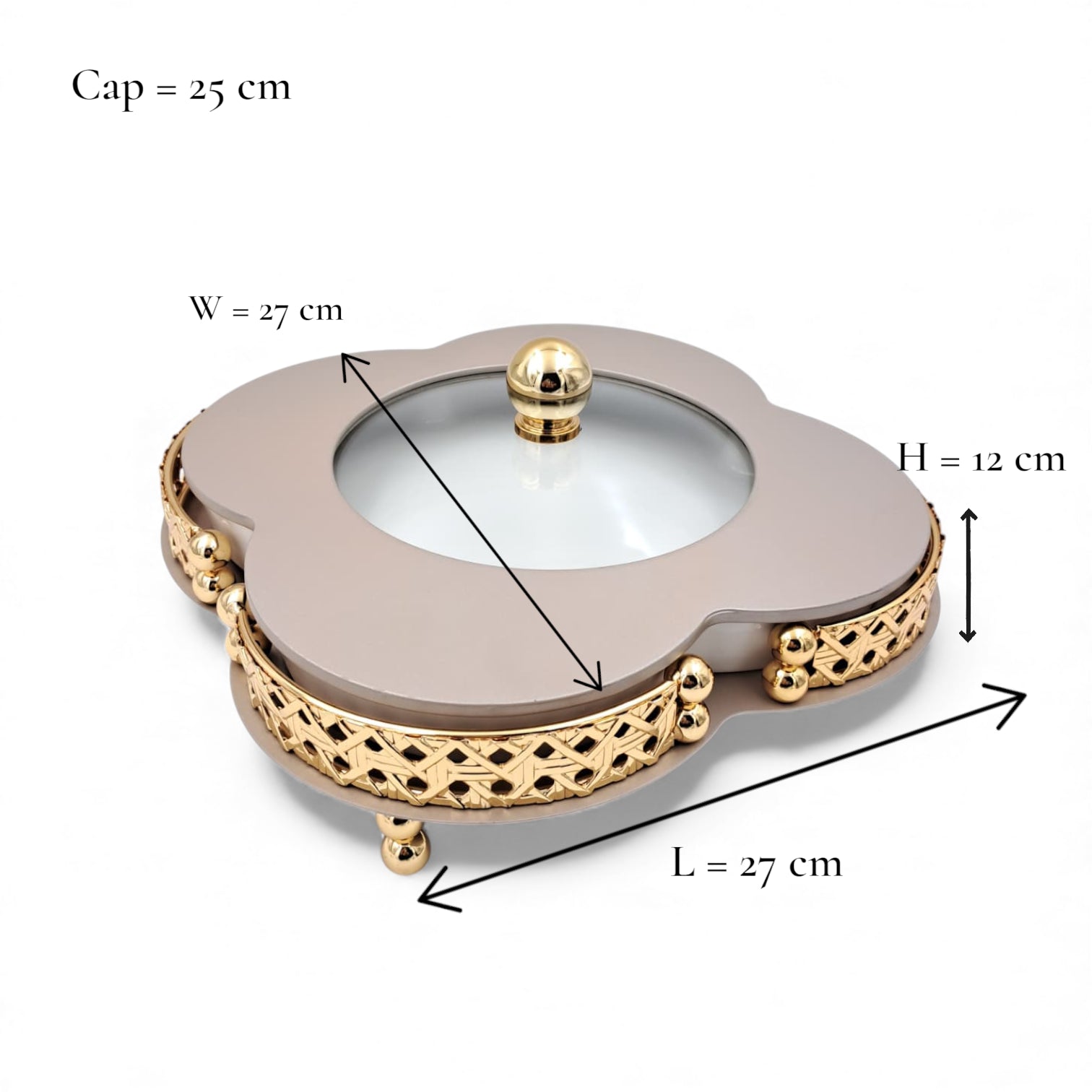 Elegant Ceramic Serving Bowl with Golden Metal Stand and Glass Lid – Luxury Flower-Shaped Dish for Sweets, Snacks & Dry Fruits | Al Habbai Collection - Damoo