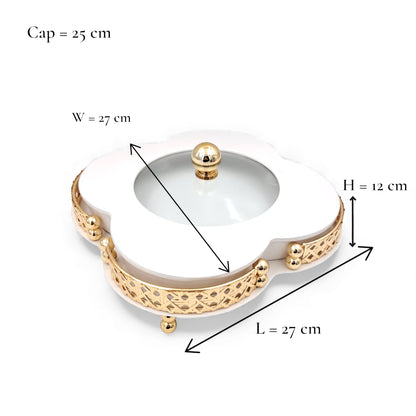 Elegant Ceramic Serving Bowl with Golden Metal Stand and Glass Lid – Luxury Flower-Shaped Dish for Sweets, Snacks & Dry Fruits | Al Habbai Collection - Damoo